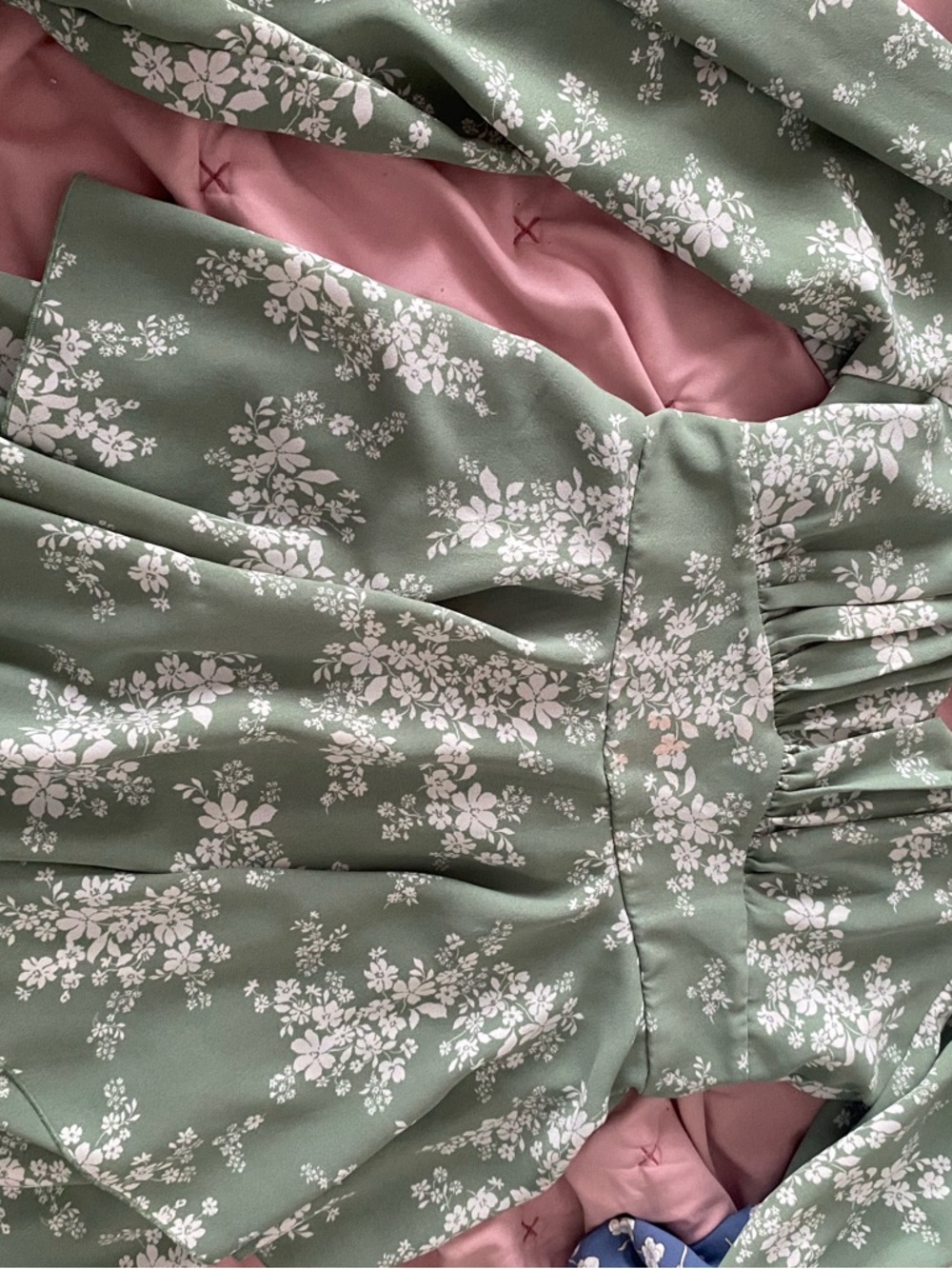 Inspired Hearts Green Floral Dress with White Print and Pink Lining